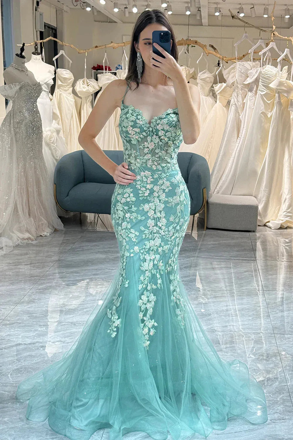 Wholesale Light Green Mermaid Lace Up Back Long Corset Prom Dress With Appliques prom dresses with long sleeves
